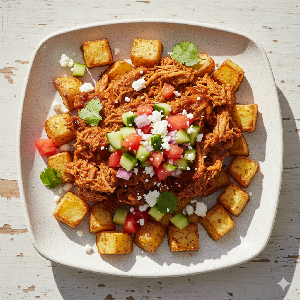 Pulled Pork Carnita Fries with Tomato and Cucumber Salsa